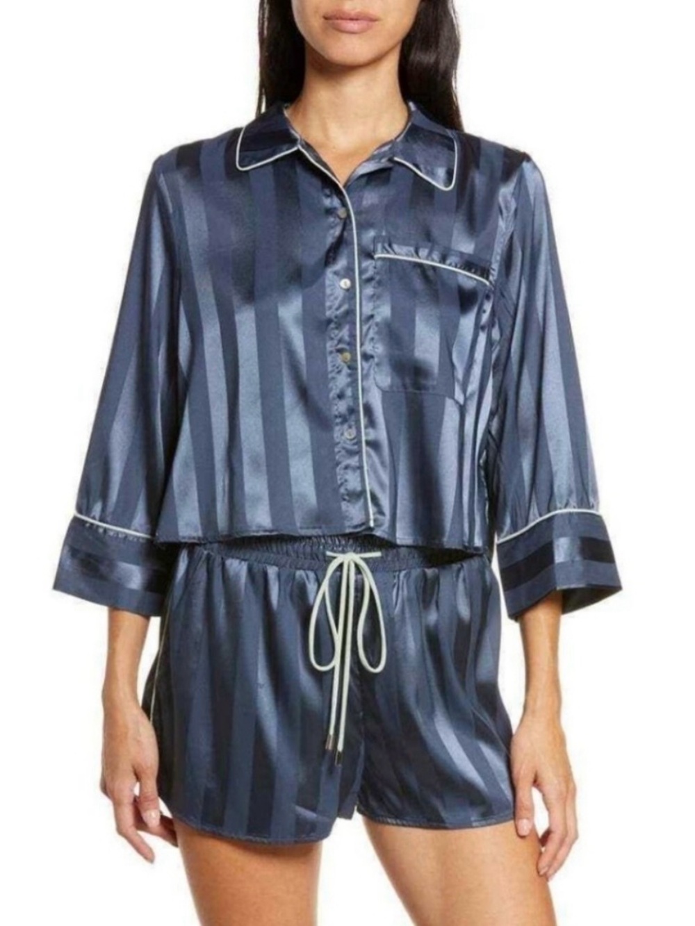 Free People Navy Satin Striped Cropped Pajama Set